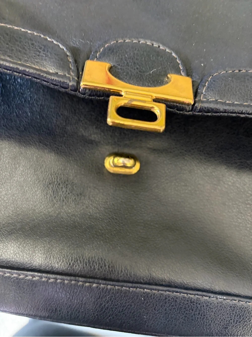 Vintage Dark Blue Leather Shoulder Bag with Gold Hardware